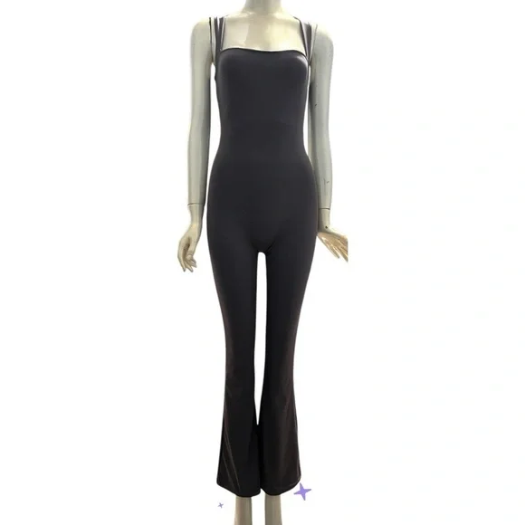 QINSEN Jumpsuit Sleeveless  Square Neck Stretch Flare Leggings Romper Inseam 30 - Picture 2 of 8